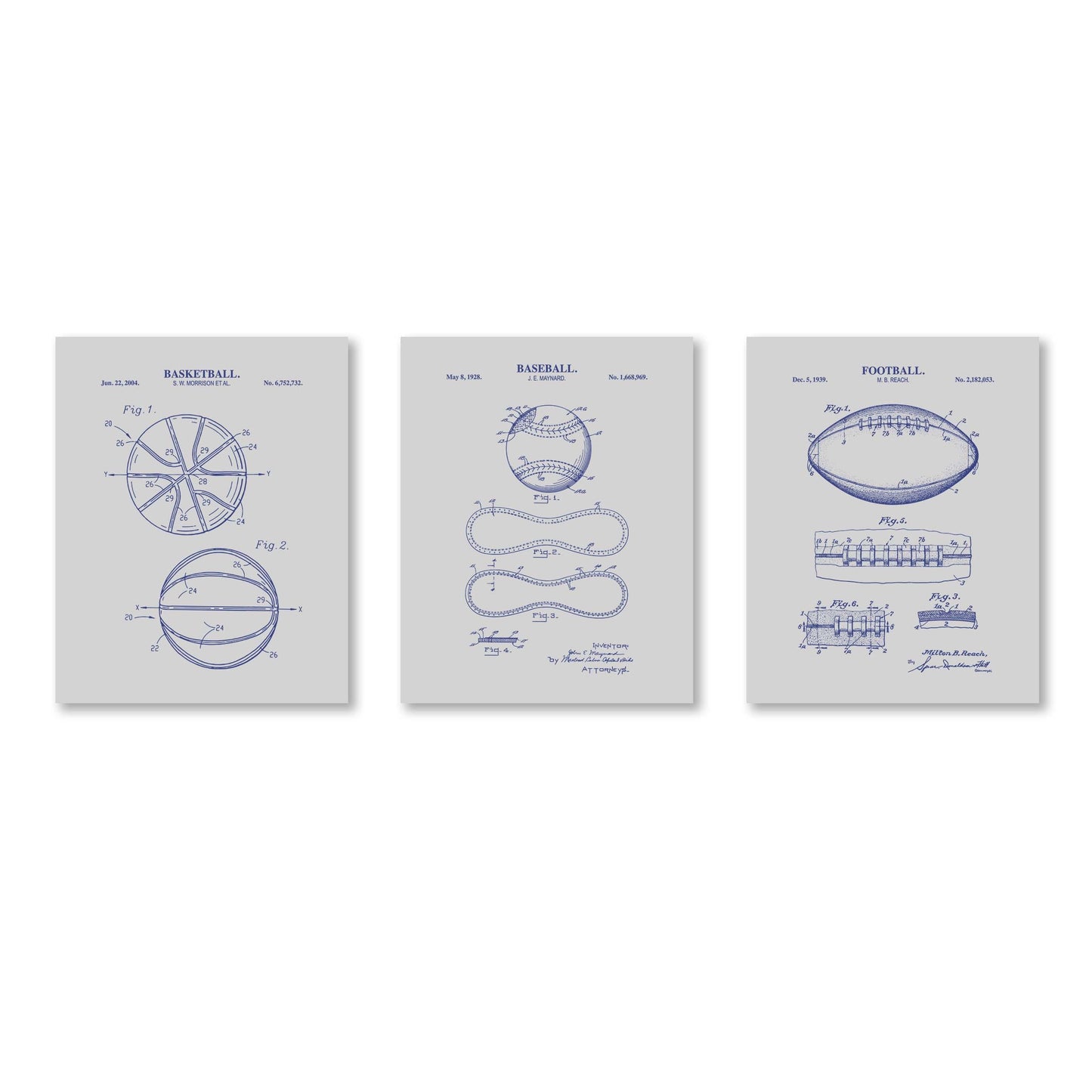 Baseball, Football & Basketball Patent Print Wall Art | Vintage Sports Ball Blueprint Wall Decor | Set of 3 Physical Prints