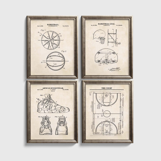 Basketball Patent Wall Art Set | Basketball, Basketball Hoop, Basketball Court and Shoe Patents | Unframed Set of 4 Physical Prints