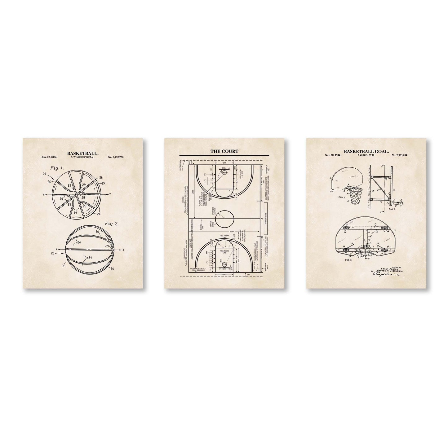 Basketball Patent Wall Art Set | Basketball, Basketball Hoop and Court Patent Prints | Set of 3 Physical Prints