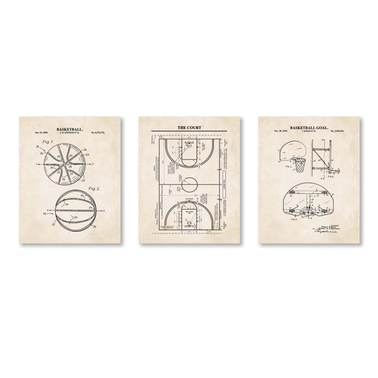 Basketball Patent Wall Art Set | Basketball, Basketball Hoop and Court Patent Prints | Set of 3 Physical Prints