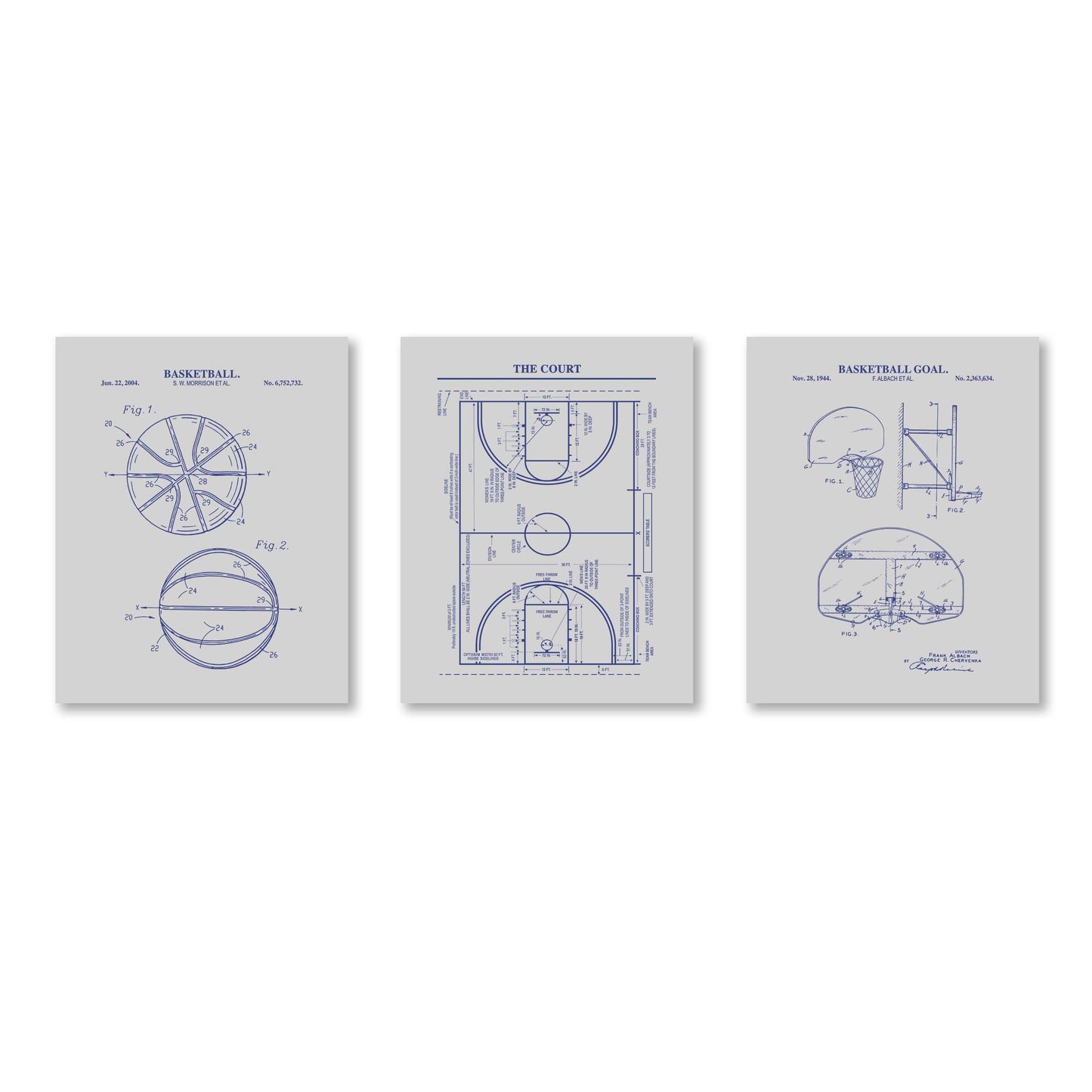 Basketball Patent Wall Art Set | Basketball, Basketball Hoop and Court Patent Prints | Set of 3 Physical Prints