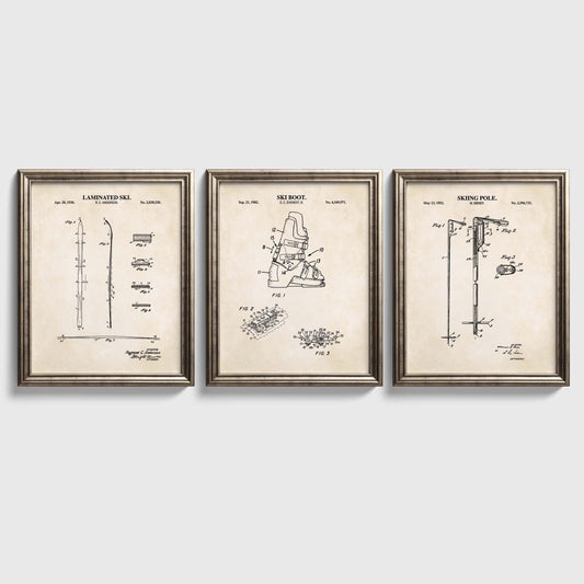 Skiing Patent Wall Art Set | Snow Ski, Ski Pole and Ski Boot Patent Prints | Unframed Set of 3 Physical Prints