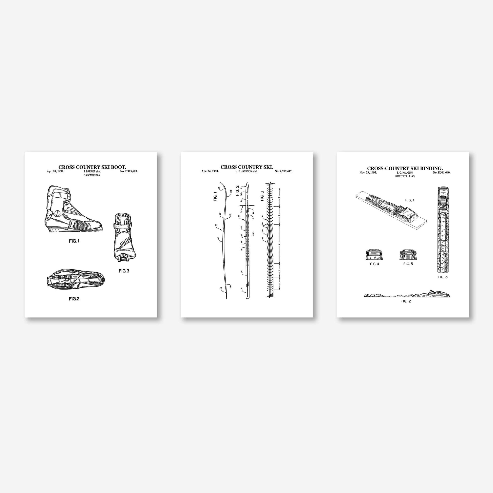 Vintage Cross Country Skiing Patent Art Set | Ski Wall Art Prints | Nordic Skiing Poster Set | Unframed Set of 3 Physical Prints