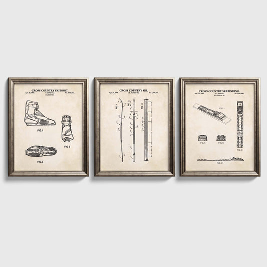 Vintage Cross Country Skiing Patent Art Set | Ski Wall Art Prints | Nordic Skiing Poster Set | Unframed Set of 3 Physical Prints