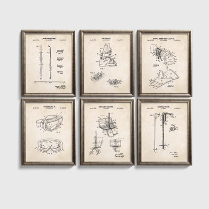 Skiing Patent Wall Art Set | Patent Prints for Ski, Ski Pole, Ski Boot, Goggles, Chair Lift and Insulated Glove | Set of 6 Physical Prints