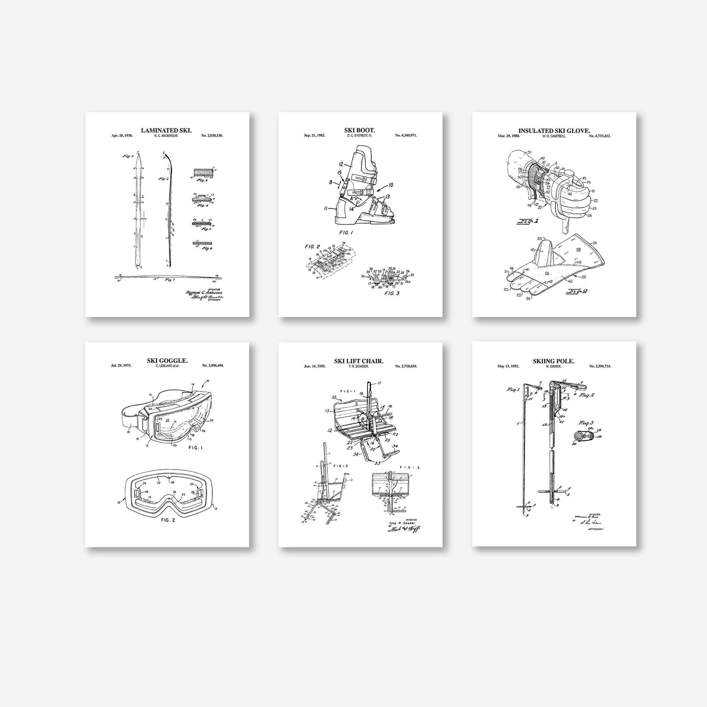 Skiing Patent Wall Art Set | Patent Prints for Ski, Ski Pole, Ski Boot, Goggles, Chair Lift and Insulated Glove | Set of 6 Physical Prints