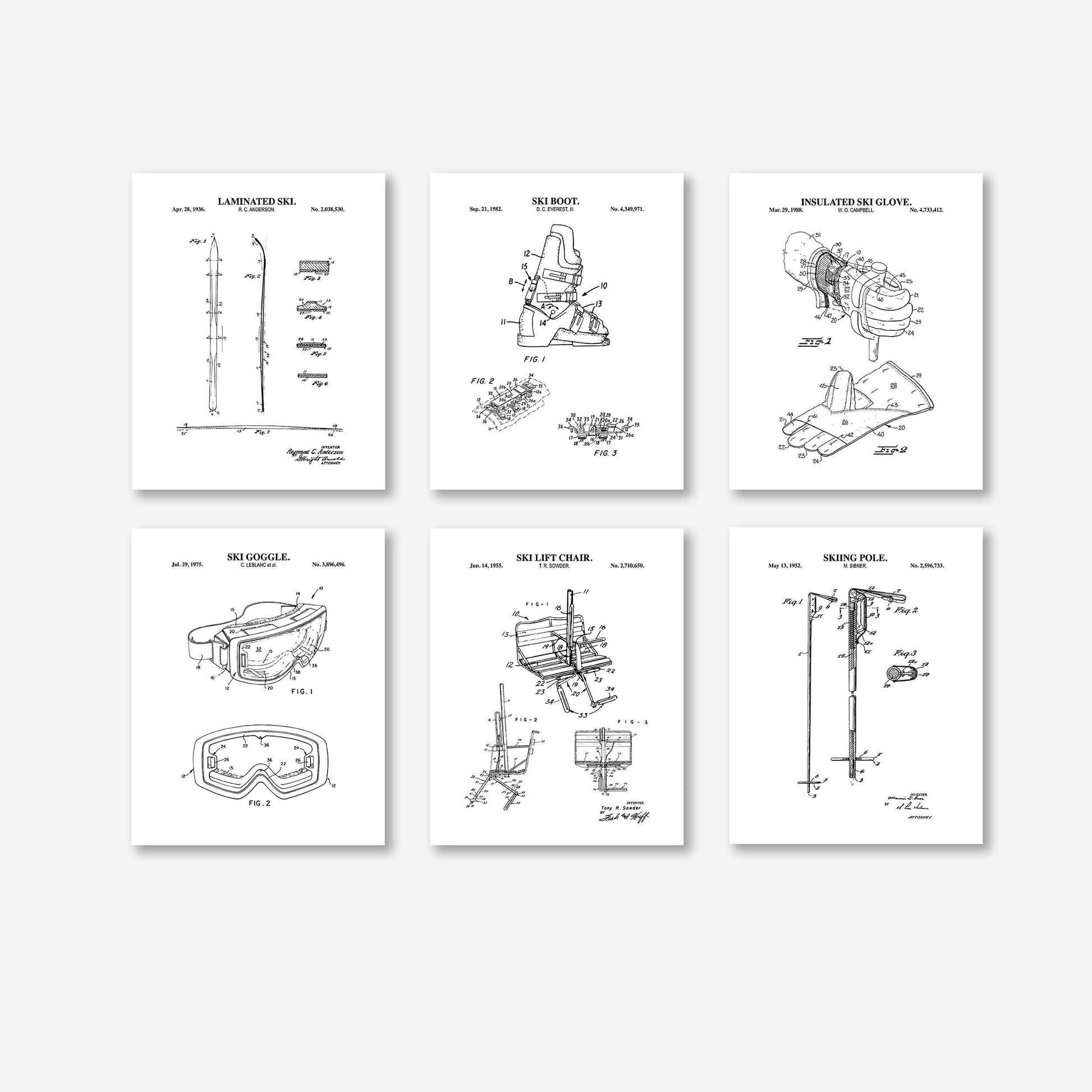 Skiing Patent Wall Art Set | Patent Prints for Ski, Ski Pole, Ski Boot, Goggles, Chair Lift and Insulated Glove | Set of 6 Physical Prints