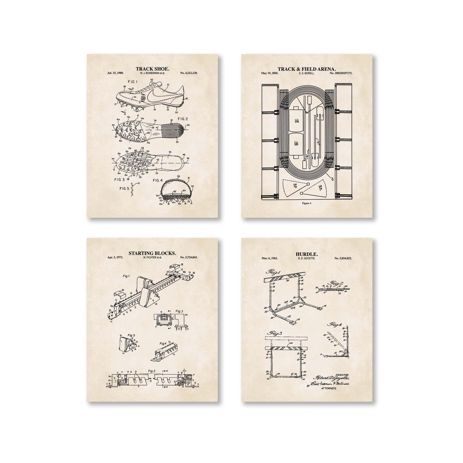 Vintage Track & Field Patent Prints | Track Diagram, Hurdle Patent, Spikes Patent, Starting Blocks Patent Wall Art | Physical Prints