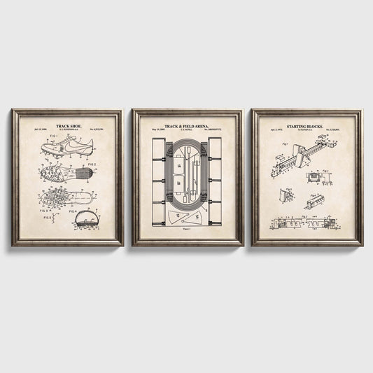 Vintage Track Field Patent Wall Art Set | Track Diagram, Spikes Patent, and Starting Blocks Patent Prints | Set of 3 Physical Prints