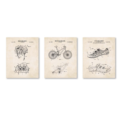 Mountain Bike Wall Art Set | Bike frame, Helmet and Cycling Shoe Patent Prints | Bicycle Wall Art Decor | Set of 3 Physical Prints