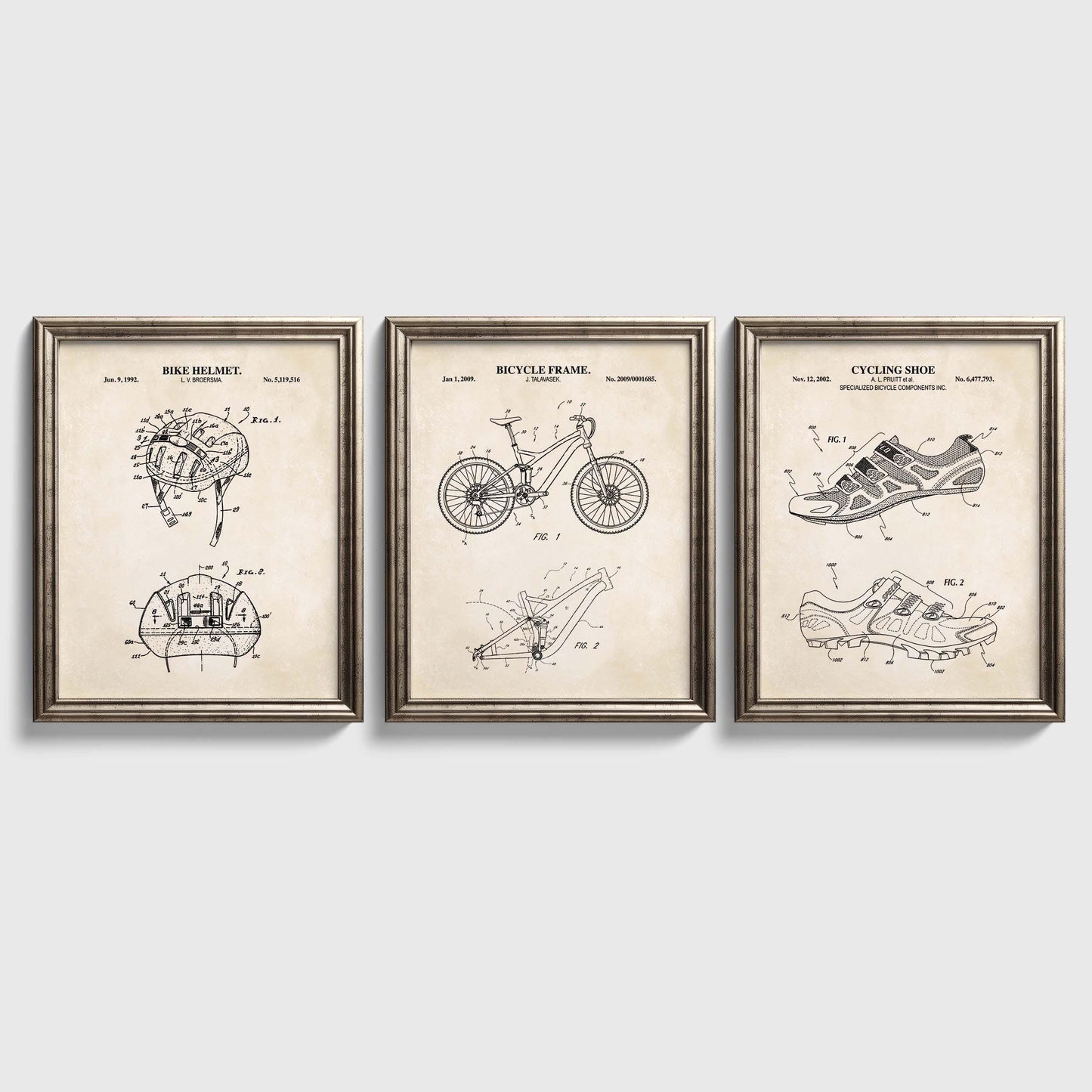 Mountain Bike Wall Art Set | Bike frame, Helmet and Cycling Shoe Patent Prints | Bicycle Wall Art Decor | Set of 3 Physical Prints