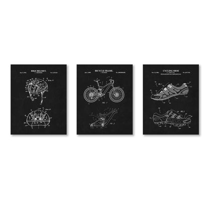 Mountain Bike Wall Art Set | Bike frame, Helmet and Cycling Shoe Patent Prints | Bicycle Wall Art Decor | Set of 3 Physical Prints