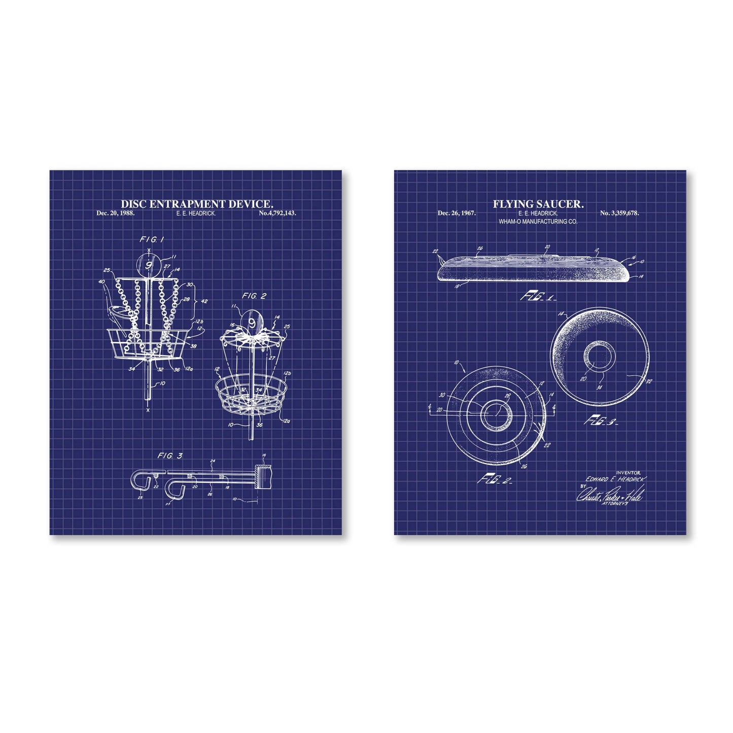 Disc Golf Patent Wall Art Set | Flying Saucer & Disc Entrapment Device Patent Prints | Unframed Set of 2 Physical Prints