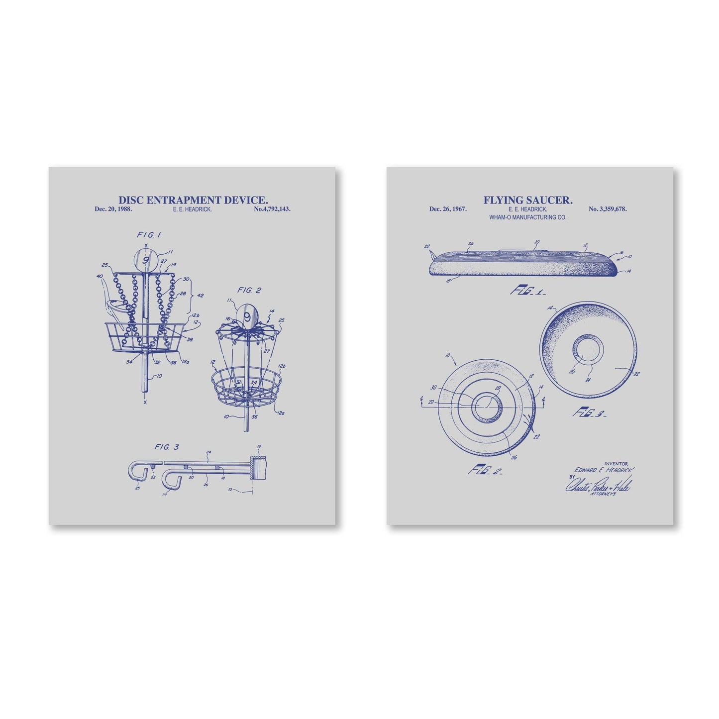 Disc Golf Patent Wall Art Set | Flying Saucer & Disc Entrapment Device Patent Prints | Unframed Set of 2 Physical Prints