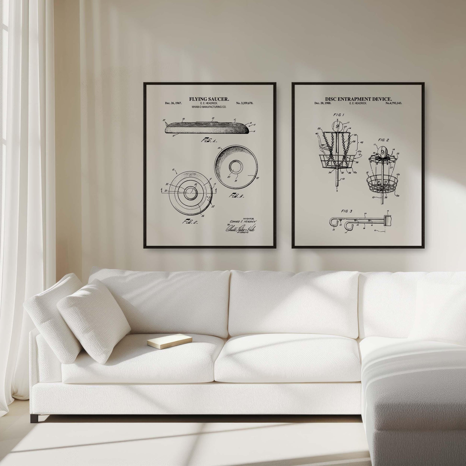 Disc Golf Patent Wall Art Set | Flying Saucer & Disc Entrapment Device Patent Prints | Unframed Set of 2 Physical Prints