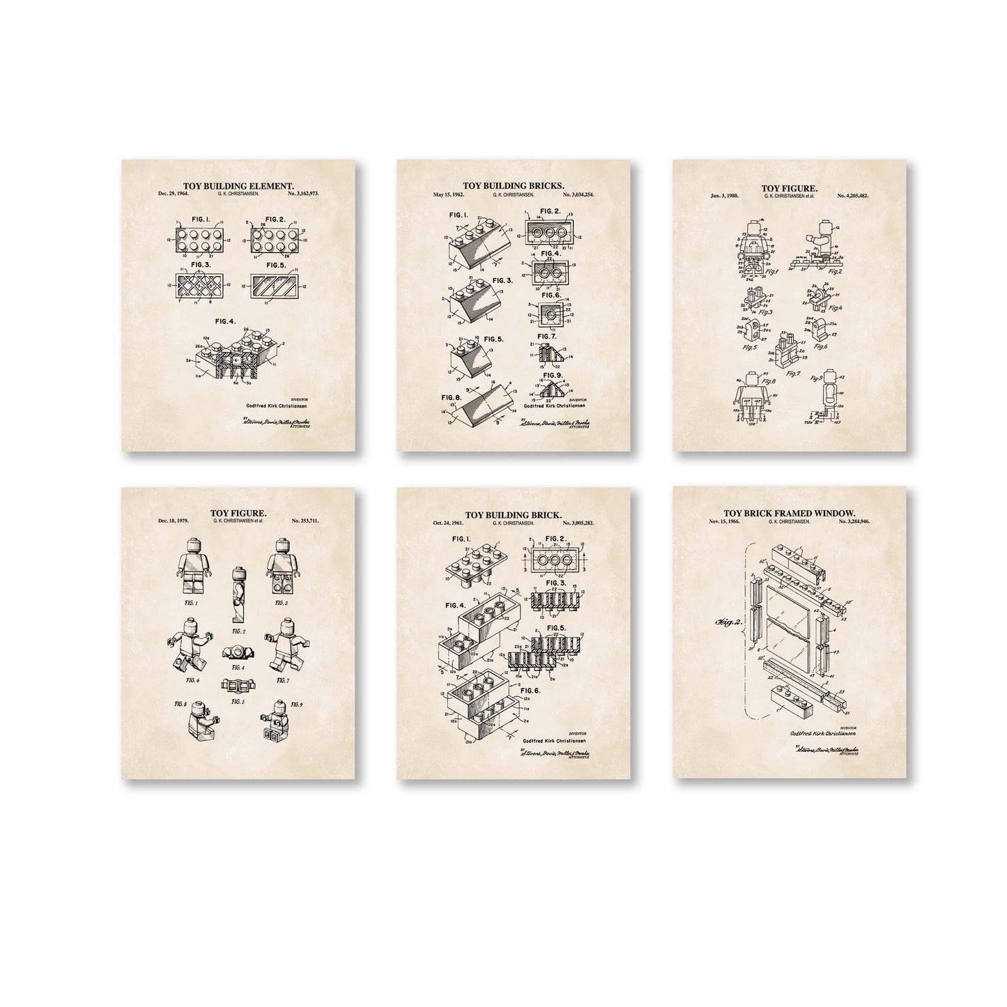 Vintage Toy Blocks Wall Art Set | 3 Toy Brick Patents, 2 Toy Figure Patents and 1 Toy Brick Window Patent Prints | Set of 6 Physical Prints