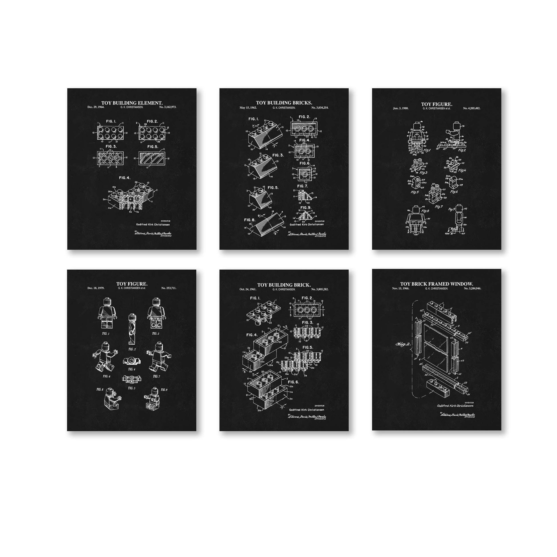 Vintage Toy Blocks Wall Art Set | 3 Toy Brick Patents, 2 Toy Figure Patents and 1 Toy Brick Window Patent Prints | Set of 6 Physical Prints