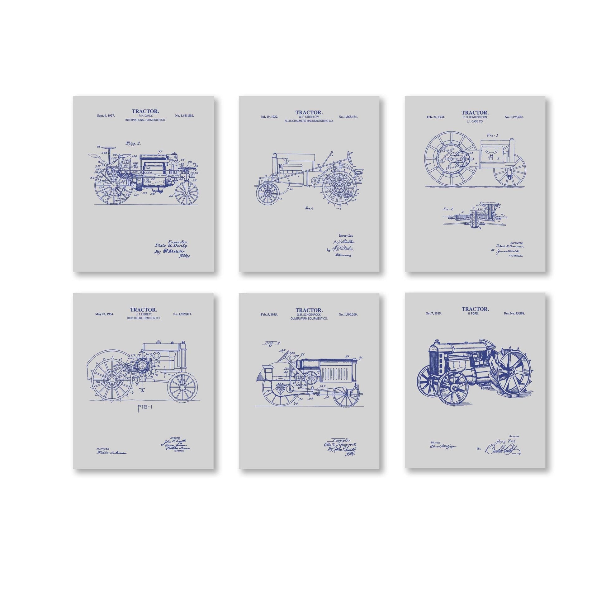 Antique Tractor Patent Art Set | Vintage Tractor Patent Print Wall Decor | Farmhouse Wall Art | Unframed Set of 6 Physical Prints