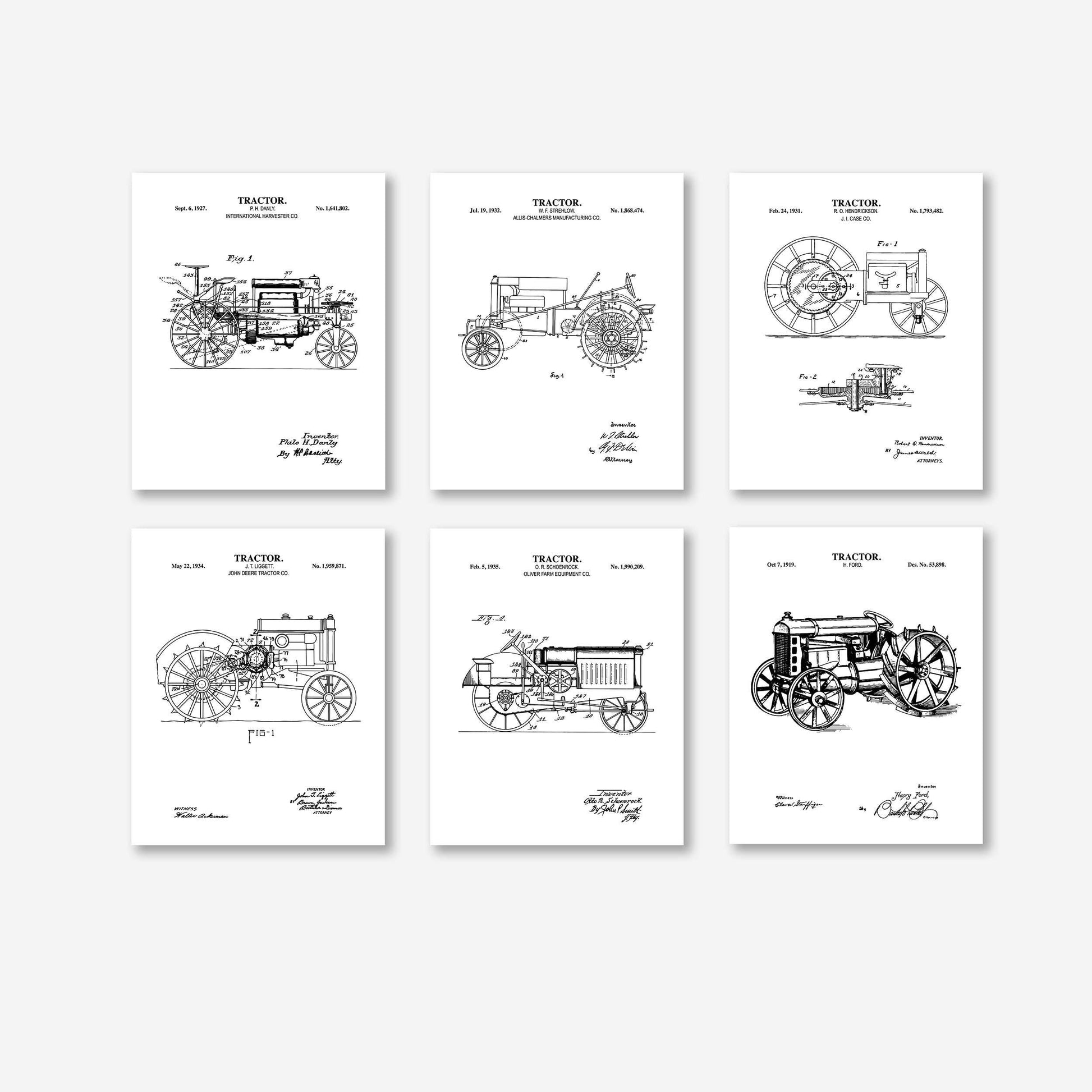 Antique Tractor Patent Art Set | Vintage Tractor Patent Print Wall Decor | Farmhouse Wall Art | Unframed Set of 6 Physical Prints