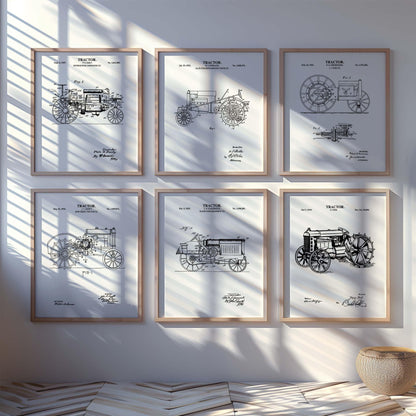 Antique Tractor Patent Art Set | Vintage Tractor Patent Print Wall Decor | Farmhouse Wall Art | Unframed Set of 6 Physical Prints