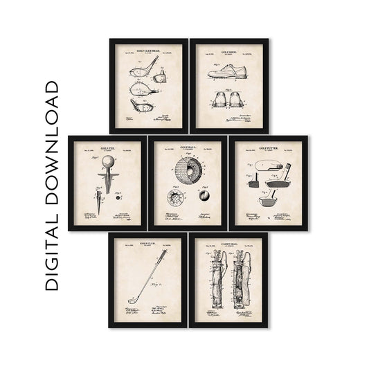 Golf Wall Art Set of 7 | Patent Prints of Golf Tee, Club, Ball, Caddy Bag, Club Head, Putter and Golf Shoe | PRINTABLE DIGITAL DOWNLOAD