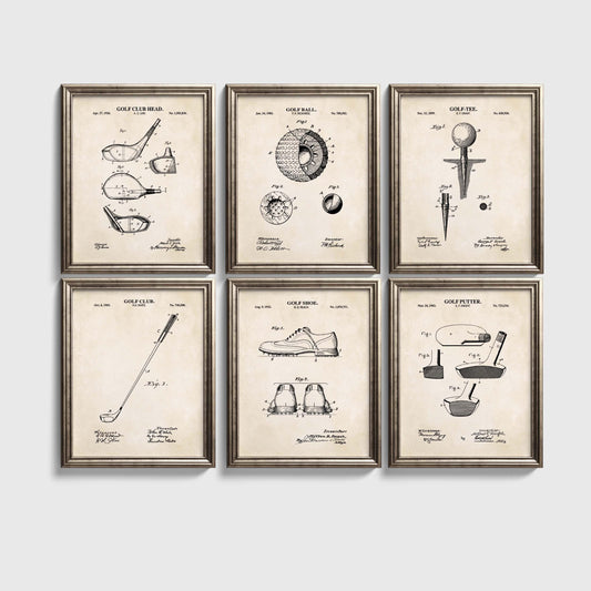 Golf Patent Wall Art Set | Vintage Golf Tee, Golf Club, Golf Ball, Putter, Golf Club Head & Golf Shoe Patents | Set of 6 Physical Prints