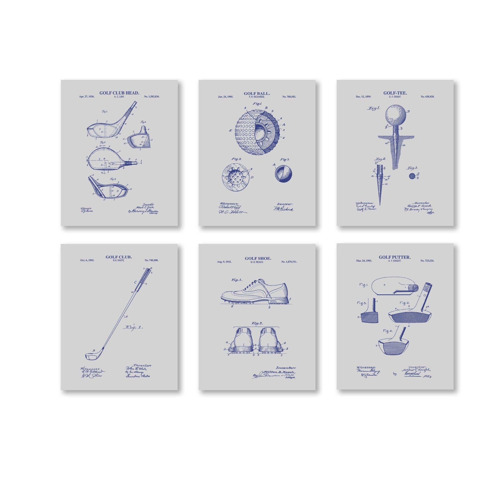 Golf Patent Wall Art Set | Vintage Golf Tee, Golf Club, Golf Ball, Putter, Golf Club Head & Golf Shoe Patents | Set of 6 Physical Prints