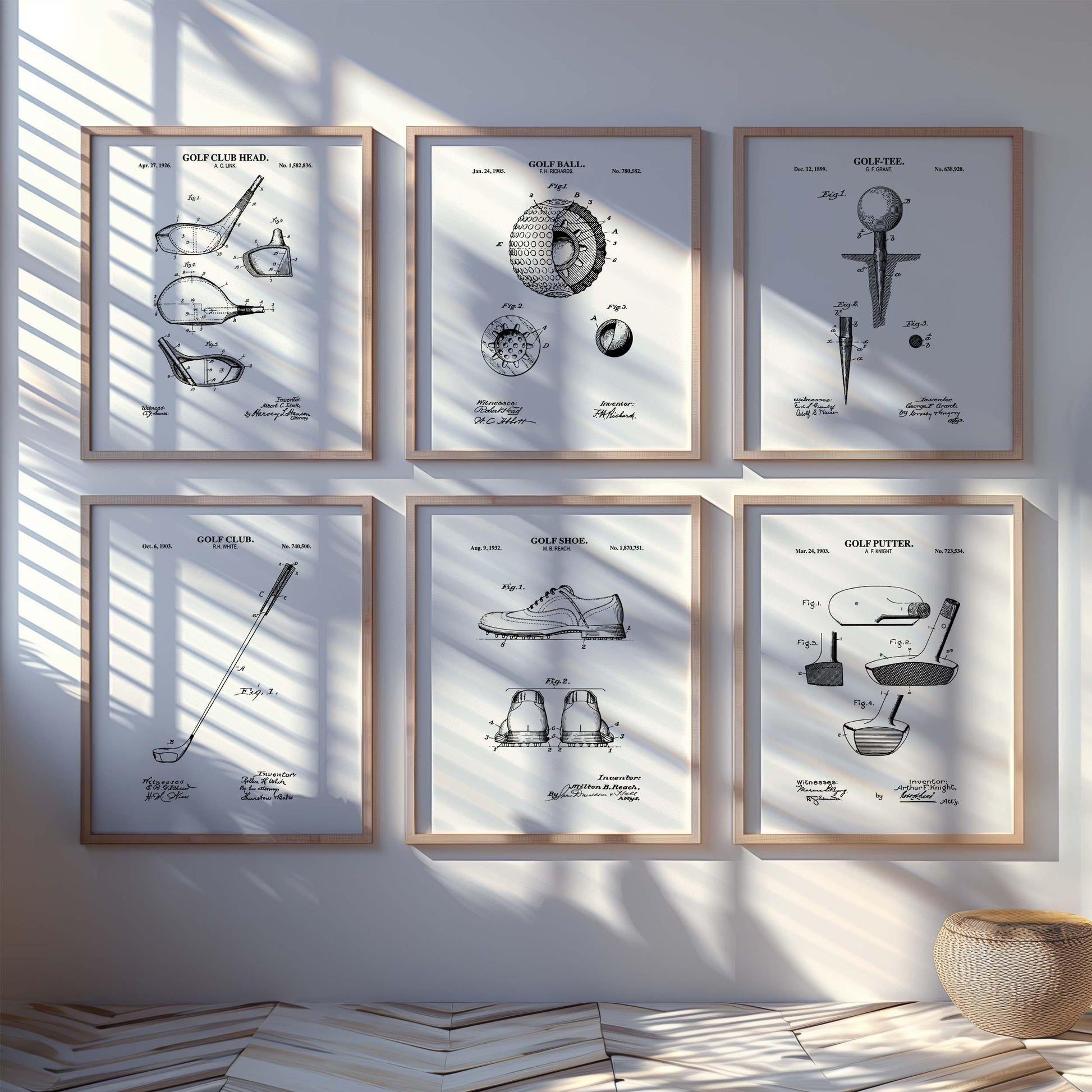 Golf Patent Wall Art Set | Vintage Golf Tee, Golf Club, Golf Ball, Putter, Golf Club Head & Golf Shoe Patents | Set of 6 Physical Prints