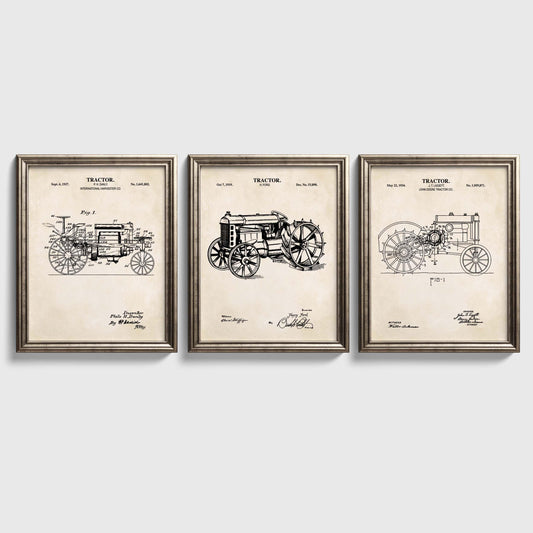 Vintage Farm Tractor Wall Art Set | Antique Tractor Patent Prints | Unframed Set of 3 Physical Prints