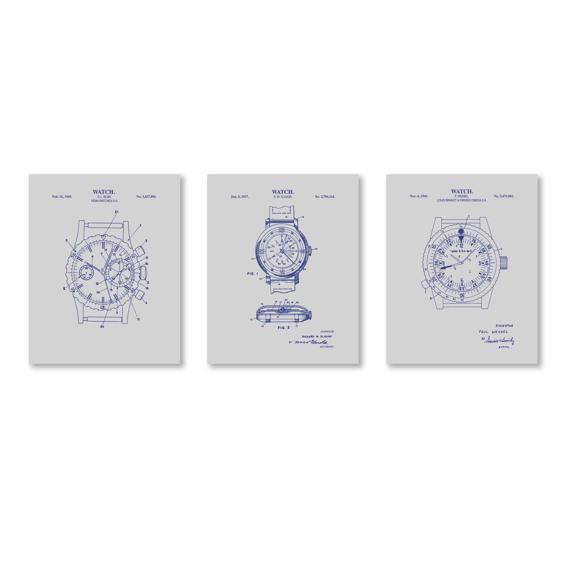 Vintage Watch Patent Wall Art | Patent Prints for 3 Different Watches | Watch Artwork | Unframed Set of 3 Physical Prints