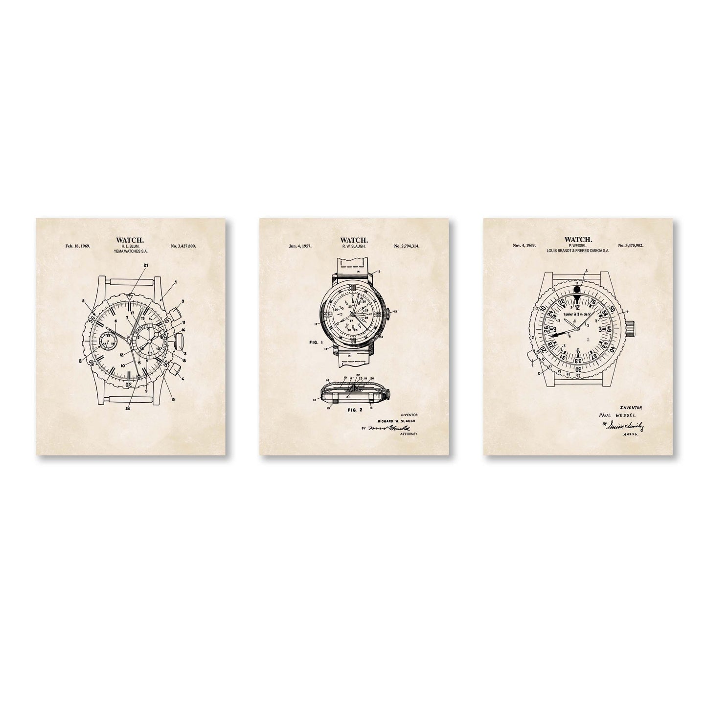 Vintage Watch Patent Wall Art | Patent Prints for 3 Different Watches | Watch Artwork | Unframed Set of 3 Physical Prints