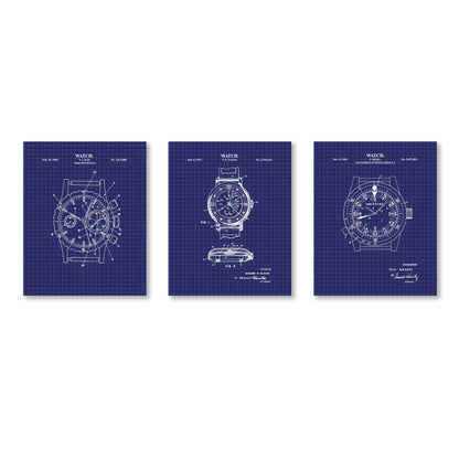 Vintage Watch Patent Wall Art | Patent Prints for 3 Different Watches | Watch Artwork | Unframed Set of 3 Physical Prints