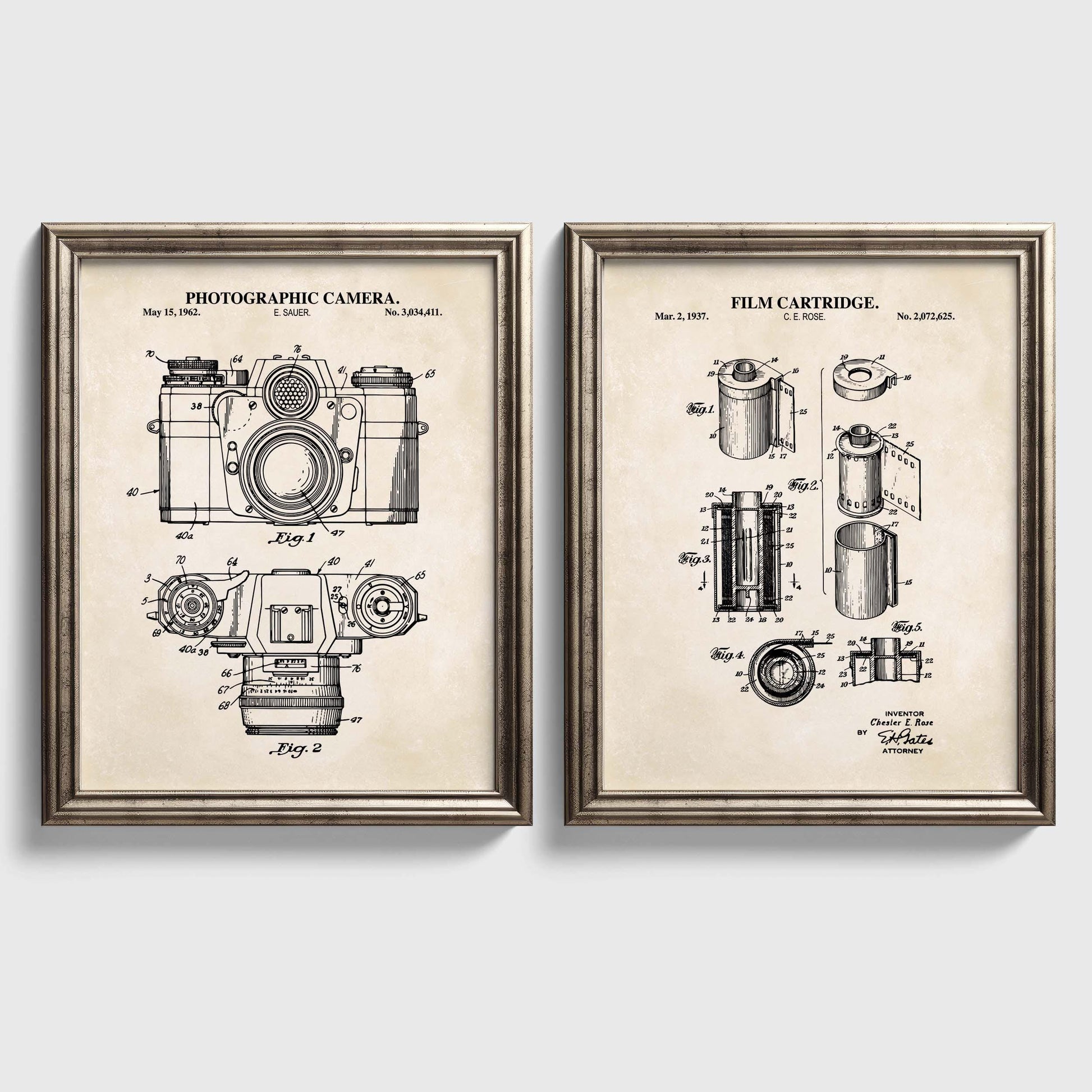 Vintage Film Camera Patent Wall Art | Set Includes Photographic Camera and Film Cartridge Patent Prints | Unframed Set of 2 Physical Prints