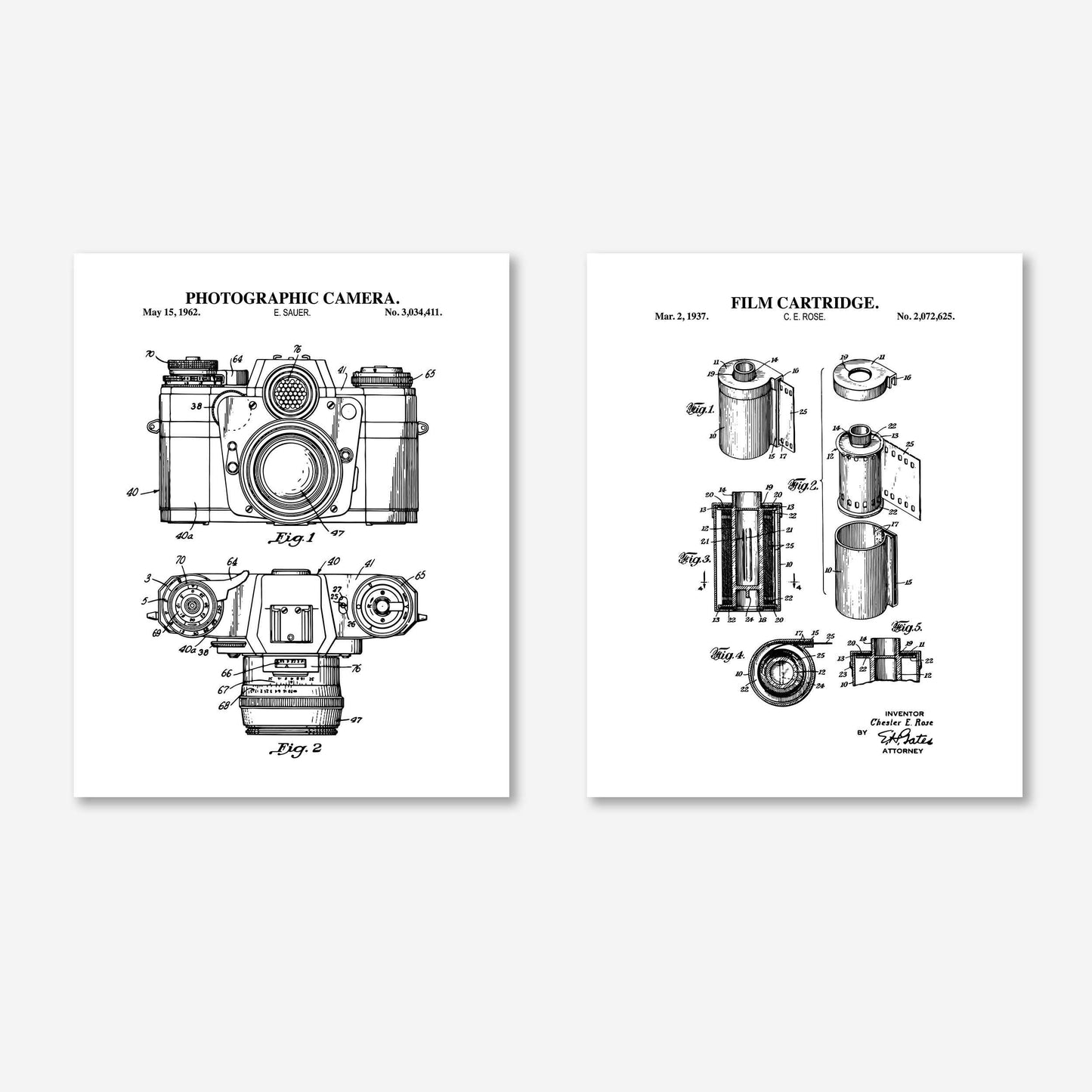 Vintage Film Camera Patent Wall Art | Set Includes Photographic Camera and Film Cartridge Patent Prints | Unframed Set of 2 Physical Prints