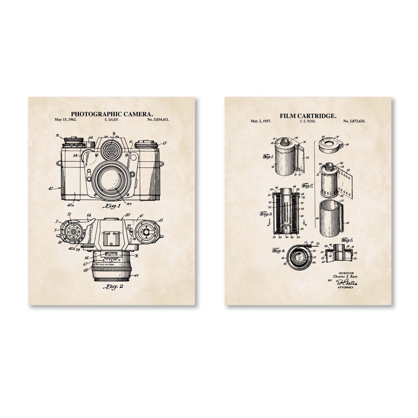 Vintage Film Camera Patent Wall Art | Set Includes Photographic Camera and Film Cartridge Patent Prints | Unframed Set of 2 Physical Prints