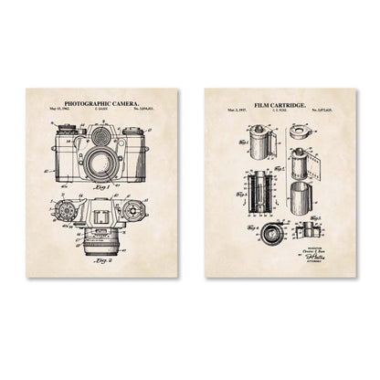 Vintage Film Camera Patent Wall Art | Set Includes Photographic Camera and Film Cartridge Patent Prints | Unframed Set of 2 Physical Prints