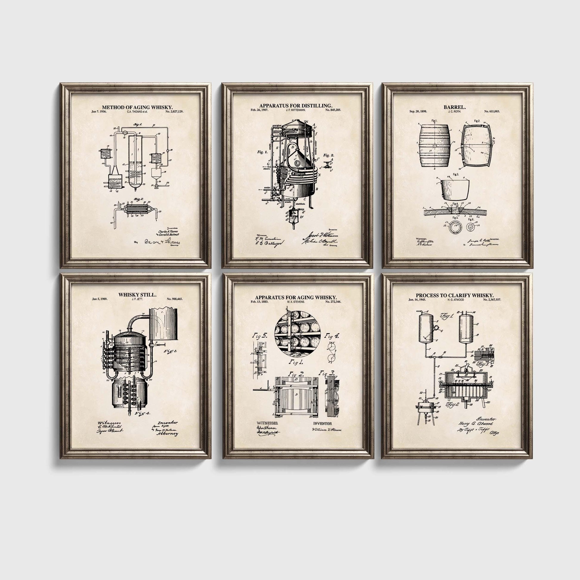 Vintage Whiskey Wall Art | Whisky Patent Prints | Retro Cocktail Art | Bar Cart Wall Art Set | Unframed Set of 6 Physical Prints