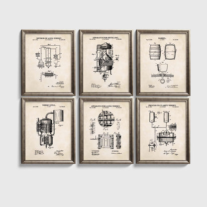 Vintage Whiskey Wall Art | Whisky Patent Prints | Retro Cocktail Art | Bar Cart Wall Art Set | Unframed Set of 6 Physical Prints