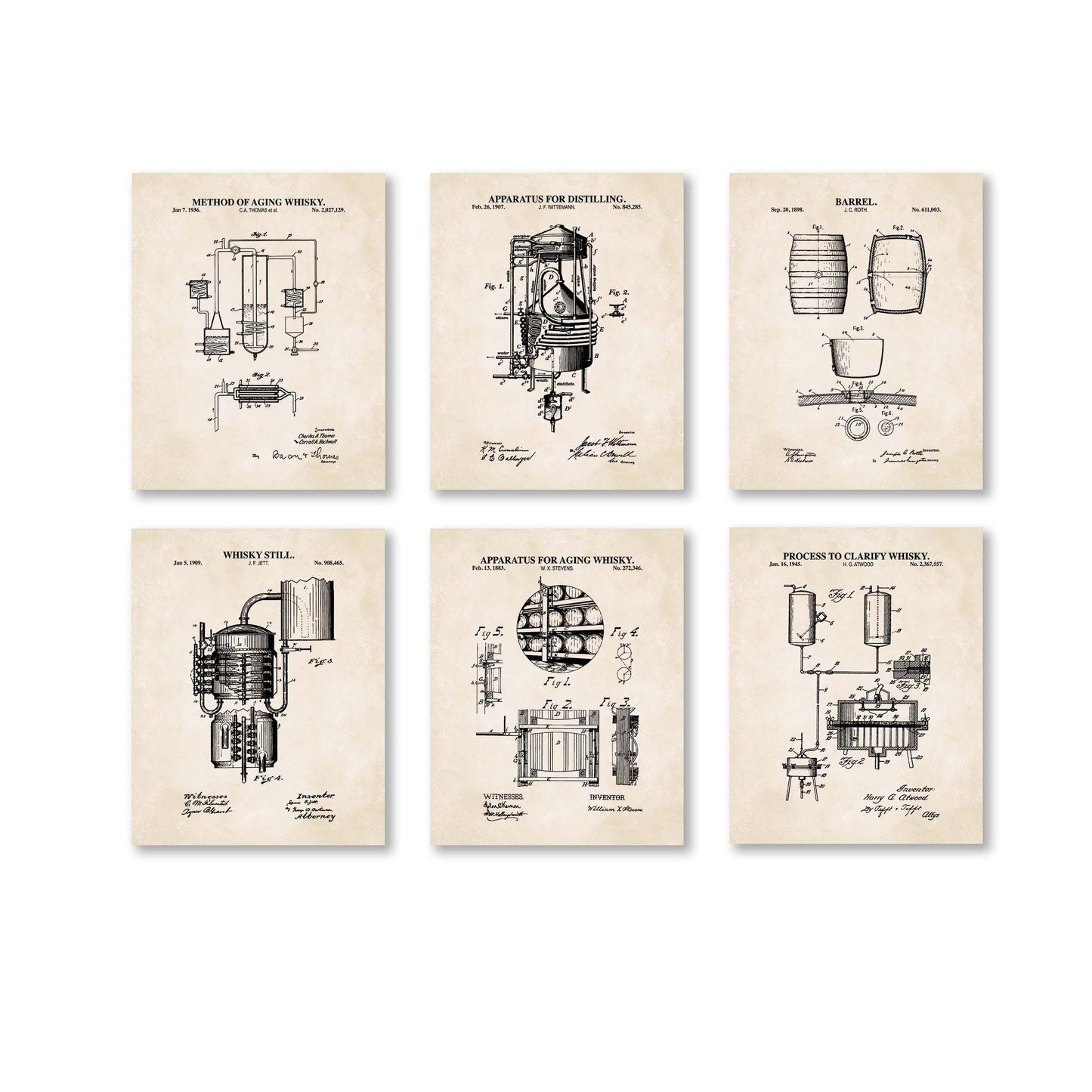 Vintage Whiskey Wall Art | Whisky Patent Prints | Retro Cocktail Art | Bar Cart Wall Art Set | Unframed Set of 6 Physical Prints