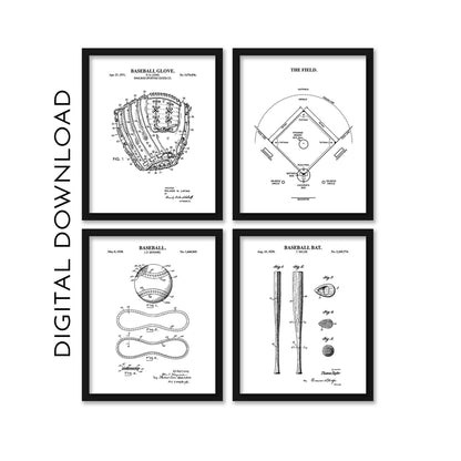 Baseball Wall Art | Baseball Field Diagram, Baseball Bat, Baseball Glove, Baseball Patent Prints | Black & White PRINTABLE DIGITAL DOWNLOAD