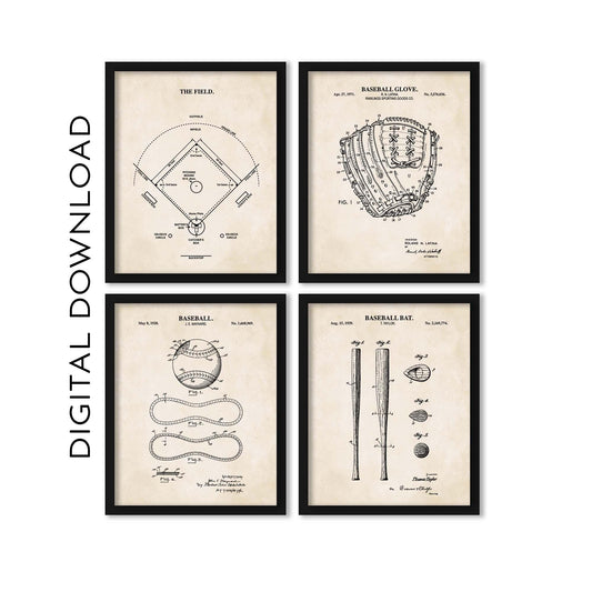 Baseball Patent Print Wall Art | Baseball Field Diagram, Baseball Bat, Baseball Glove & Baseball Prints |Vintage PRINTABLE DIGITAL DOWNLOAD