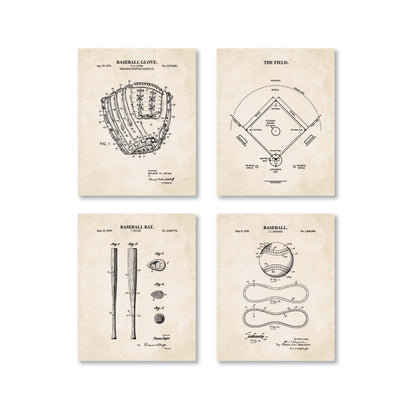 Baseball Patent Print Wall Art | Baseball Field Diagram, Baseball Bat, Baseball Glove and Baseball Patent Prints | Set of 4 Physical Prints