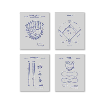 Baseball Patent Print Wall Art | Baseball Field Diagram, Baseball Bat, Baseball Glove and Baseball Patent Prints | Set of 4 Physical Prints