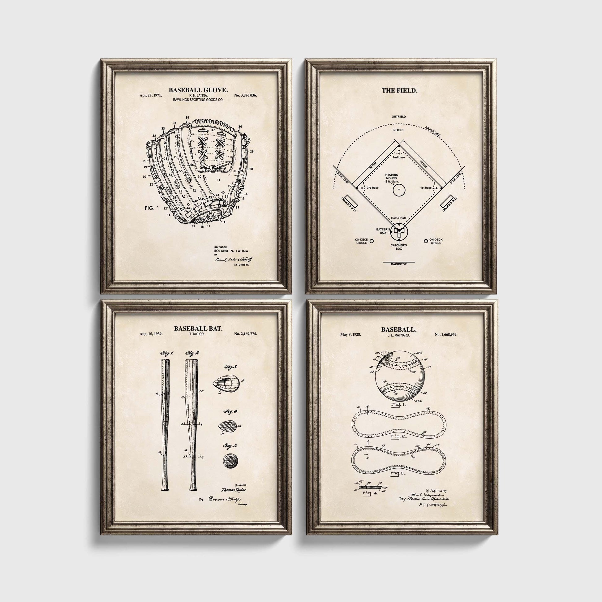 Baseball Patent Print Wall Art | Baseball Field Diagram, Baseball Bat, Baseball Glove and Baseball Patent Prints | Set of 4 Physical Prints