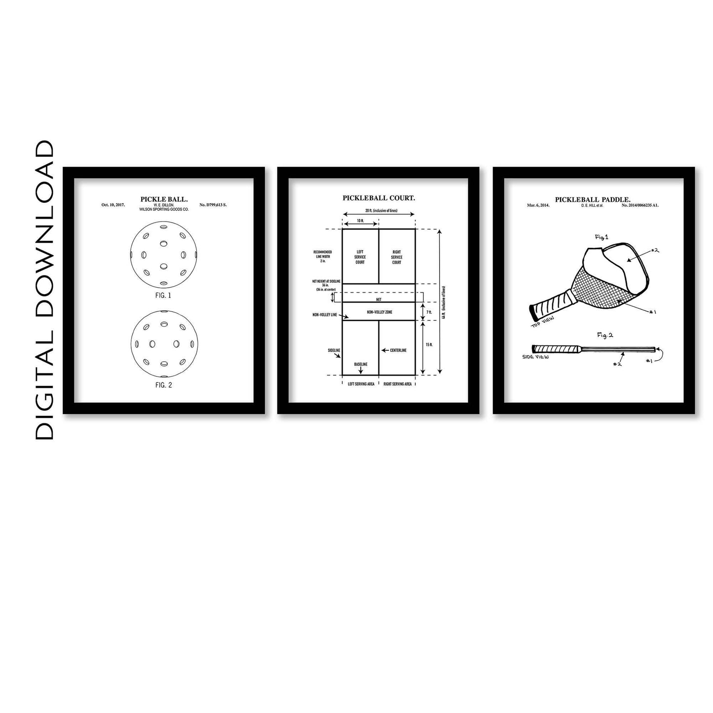 Pickleball Wall Art | Pickle Ball, Pickleball Court and Paddle Patent Prints | Black & White Set of 3 Prints | PRINTABLE DIGITAL DOWNLOAD