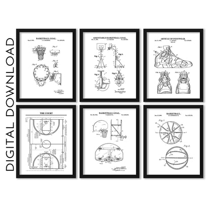 Basketball Wall Art | Patent Prints for Basketball, Backboard Hoop, Court, Shoe, Hoop and Net | Black & White | PRINTABLE DIGITAL DOWNLOAD