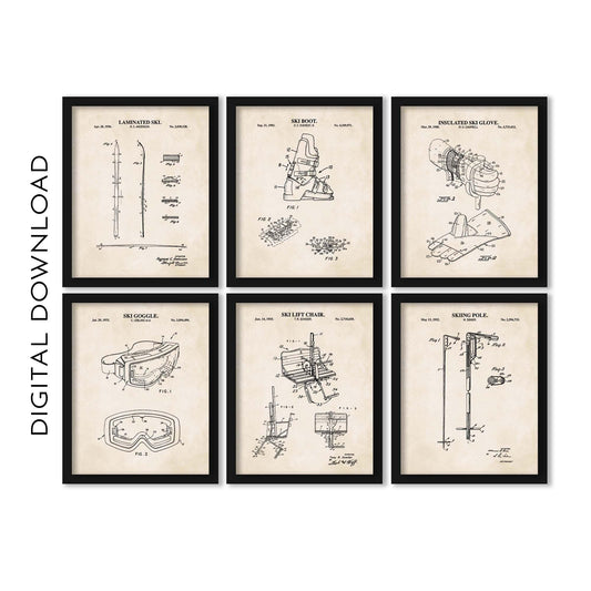 Skiing Wall Art Set | Ski, Ski Pole, Ski Boot, Goggles, Chair Lift and Glove Patent Prints | Set of 6 Prints | PRINTABLE DIGITAL DOWNLOAD