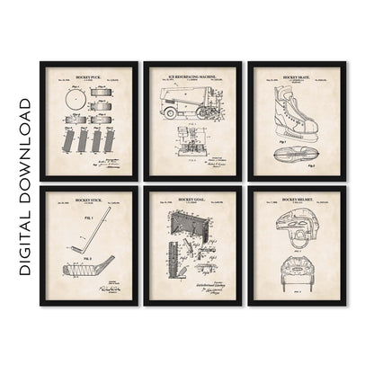 Hockey Wall Art Set | Patent Prints of Hockey Stick, Skate, Puck, Goal, Helmet and Ice Resurfacing Machine | PRINTABLE DIGITAL DOWNLOAD