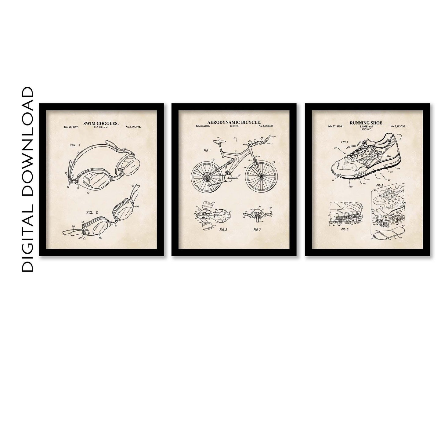 Triathlon Wall Art Set | Swim Goggles, Aero Bicycle and Running Shoe Patent Prints | Set of 3 Prints | PRINTABLE DIGITAL DOWNLOAD