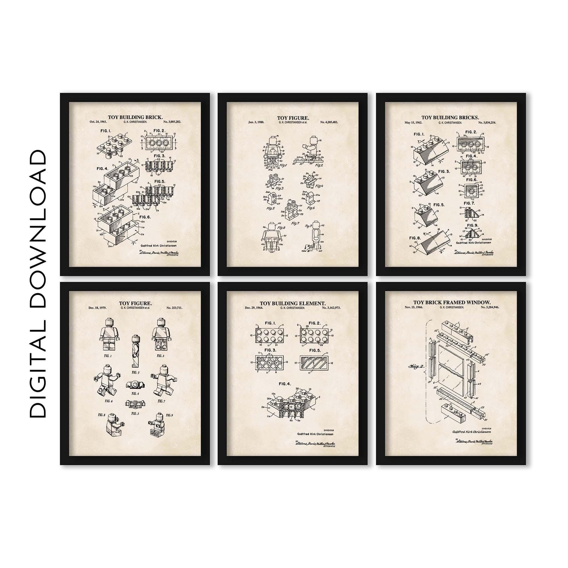 Toy Brick Patent Wall Art | Gallery Wall Set of 6 Prints | 4 Vintage Toy Blocks and 2 Toy Figure Patent Prints | PRINTABLE DIGITAL DOWNLOAD